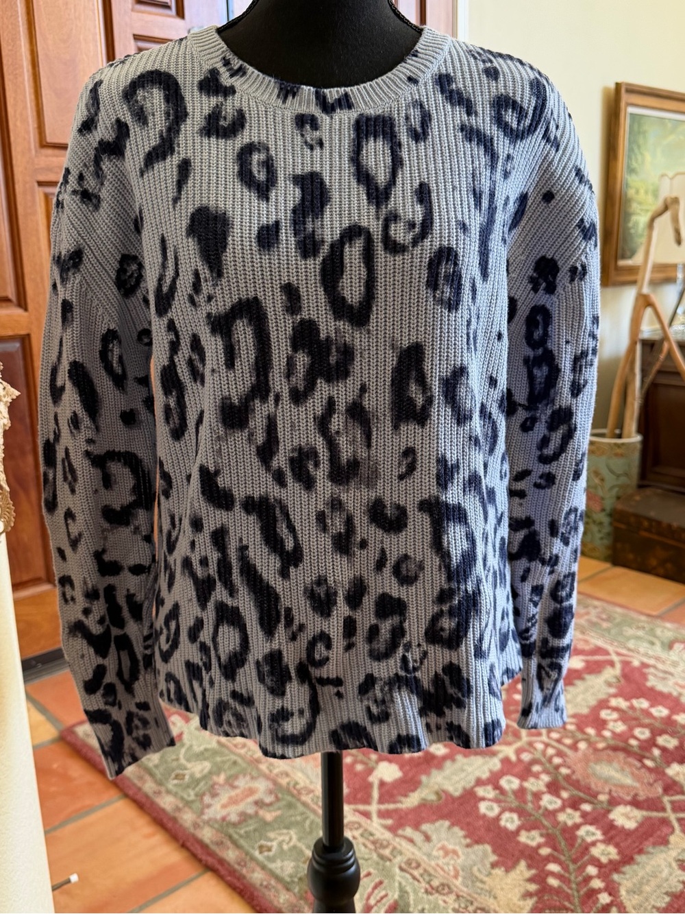 525 America Leopard Print Blue Chunky Oversized Ribbed Pull Over Sweater Size S